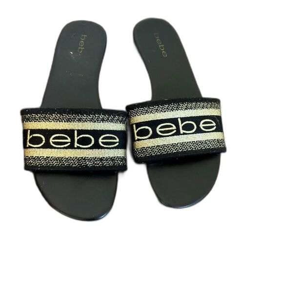 Y2K Bebe size 7.5 Monogram Logo Gold and Black Summer Beach Slides - Picture 2 of 5
